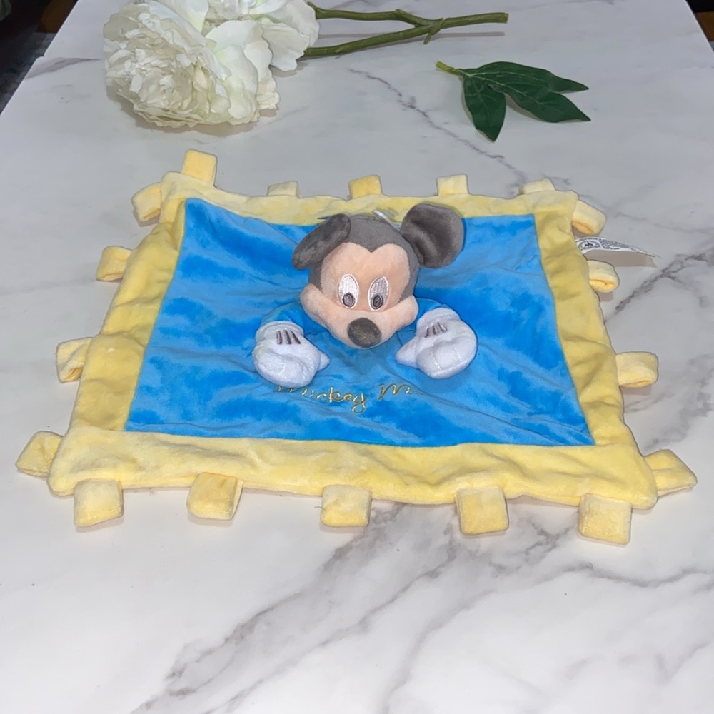 Disney Parks Lovey Mickey Mouse Yellow Blue Crinkle Tabs Baby Security Blanket